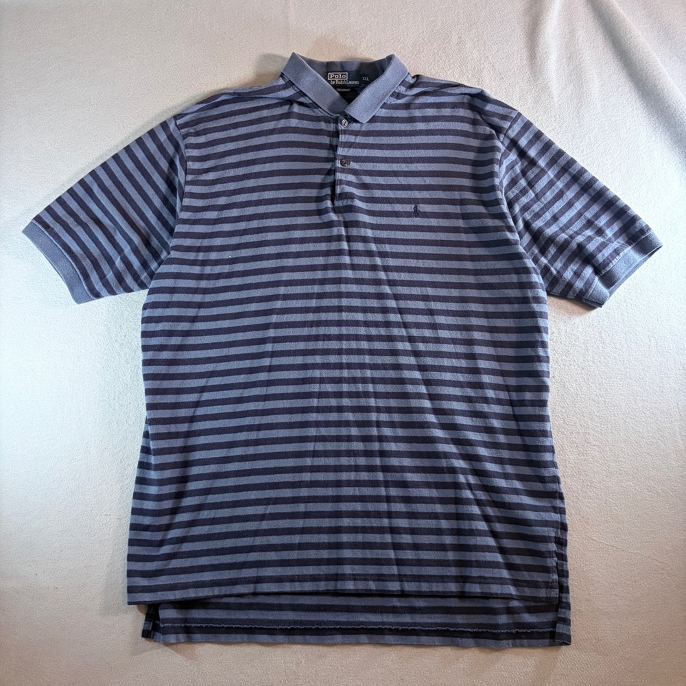 Polo Ralph Lauren Men XXL Blue Striped Cotton Linen Short Sleeve Polo Shirt